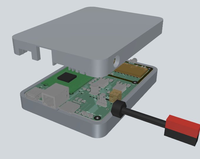 Case viewer: the board in the open case base with the lid lifted